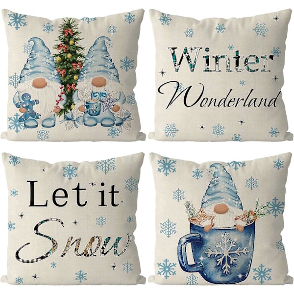 Jul Kuddfodral 45x45cm 4 Delar Tomte Vinter Kudde Örngott Låt Det Snöa Jul Vinter Kuddfodral Vardagsrum Hus Kuddfodral