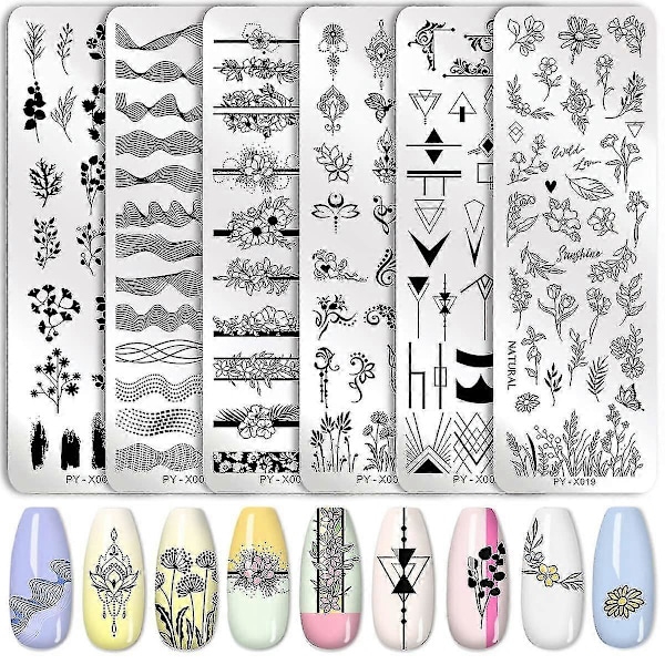 6 stk. Stemplingsplader Neglekunst Sæt Blomst Minimalistisk Geometriske Linjer Blade Mønster Tema Billede DIY Neglekunst Stempelplade Stempler