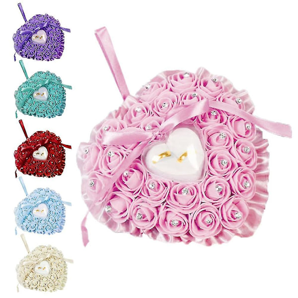 Hjerteformet Falsk Rose Rhinestone Innlagt Bryllupsringboks Oppbevaringsholderpute Q