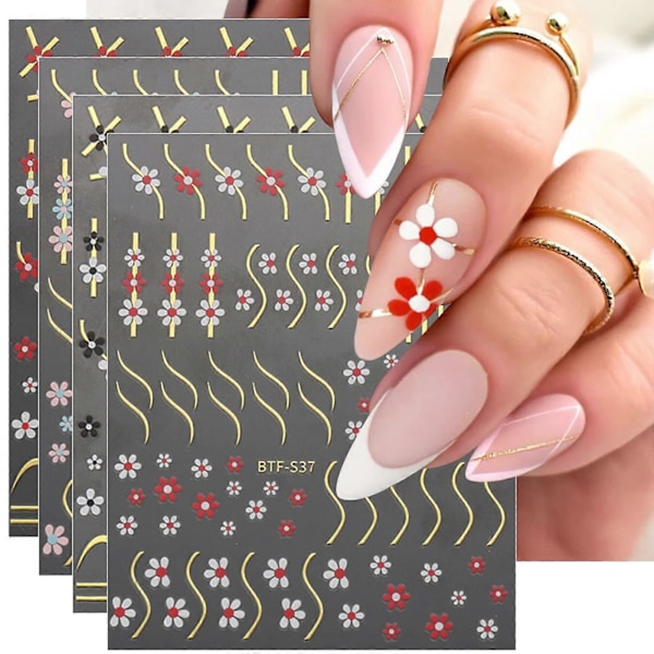 9 ark Blommor Nagelkonst Klistermärken Dekaler Självhäftande Vår Sommar Färgglada Blommor Linje Nageltillbehör Nagelkonst Design Dekorationstillbehör