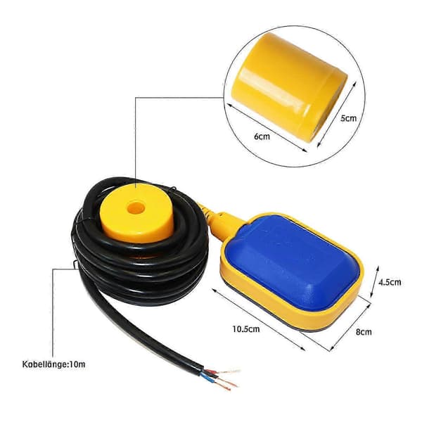 Flytebryter med 10m kabel, væskenivåkontrollsensor flytebryter, vannstandskontroller flytebryter