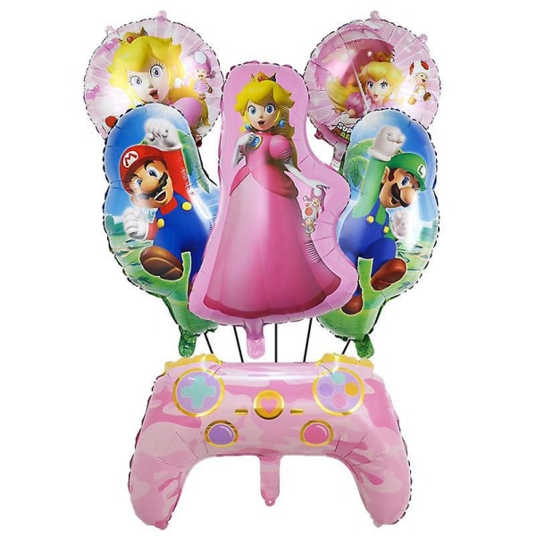 Super Mario Bros Set Princess Peach Ballonger Kostym Festdekoration Rosa Dekorativa fototillbehör Födelsedag Baby Shower 6pcs set-B