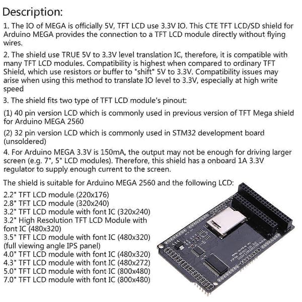 TFT/SD-skjermutvidelseskort for DUEmega 2560 LCD-modul SD-kortadapter