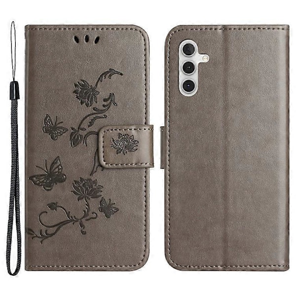 Kompatibelt för Samsung Galaxy A24 Präglat Fjärilsblomma Mobilskal PU Läder Plånboksställ Telefonskydd med Rem Grey