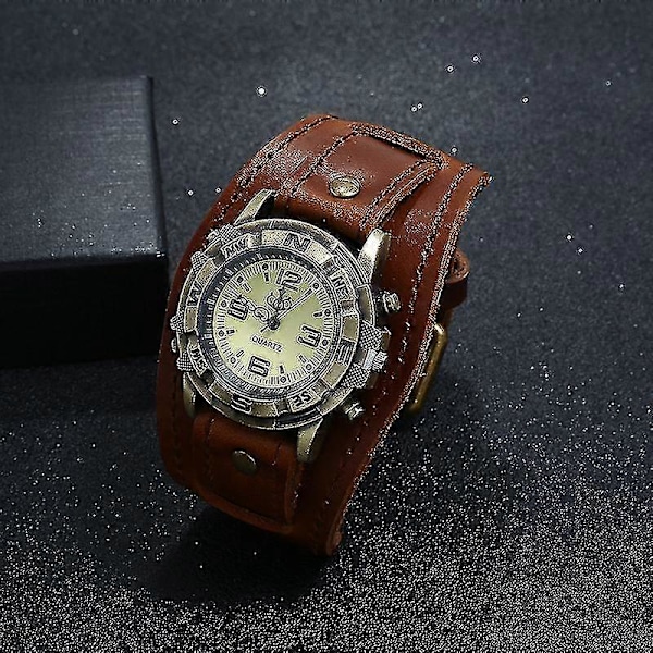 Unisex Punk Retro Bronsfärgad Rund Urtavla Brun Bred Läderbälte Rem Manschettarmband Romerska Siffror Analog Kvarts Armbandsur