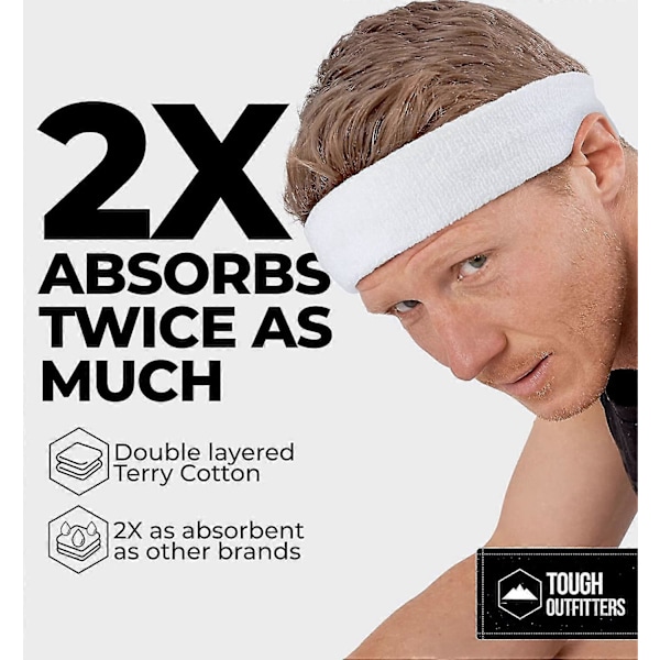 Svettepannebånd - Pannebånd for menn og kvinner - Terry Cloth Svettebånd for tennis, basketball, fotball, trening - hvit
