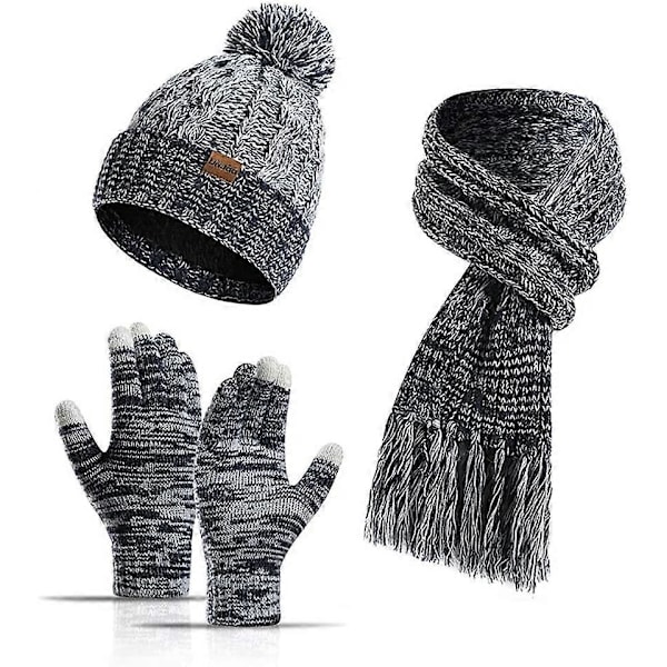 3-delat Varmt Vinterset med Mössa, Halsduk och Handskar för Kvinnor och Män, Stickad Fleece, Pekskärmshandskar, Mössa, Skidmössa