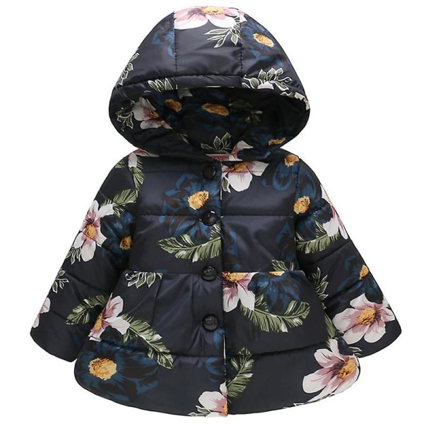 Toddler lapset tytöille kukkainen turvottu paksu hupullinen takki Talven lämmin tikattu takki Navy Blue Orchid 2-3 Years