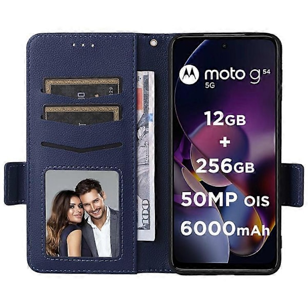 Kompatibel til Motorola Moto G54 5G / G54 Power Etui Pung Stand Telefon Cover med Rem DarkBlue