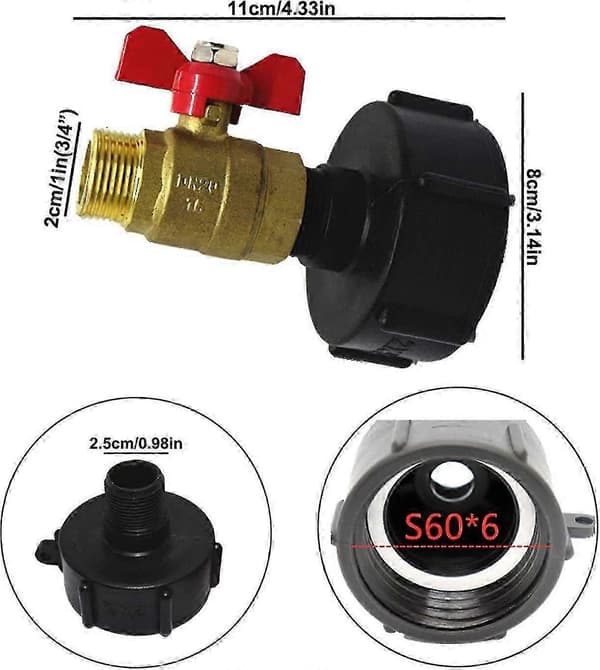 Tankadapter S60x6 Ventil Kran Messingkran Slangekobling Ton montering Regnvannsoppsamler montering Utløpsmontering