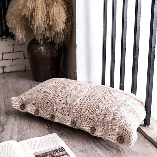 Dekorativ strikket putetrekk med puteinlegg Rektangulær varme knapper Puter til sofa, seng, hjemmedekor, beige hvit