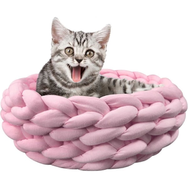 Strikket katteseng i bomull, varm vevd kattehule, koselig seng for hunder og katter (39,9 cm, rosa)