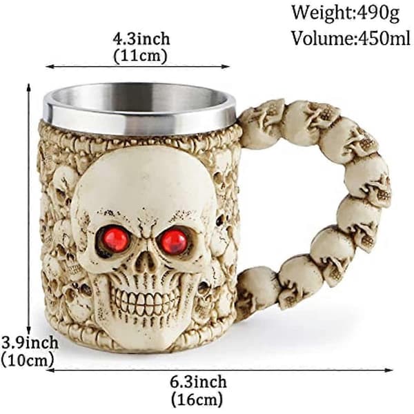Hawgeylea Viking Skull Mugs 450 ml rostfritt stål innerkopp Ölsejdel Kopp 3D Skull Mugg Kopp Vikingpresenter för män Kaffe Te Vatten Drickskopp för