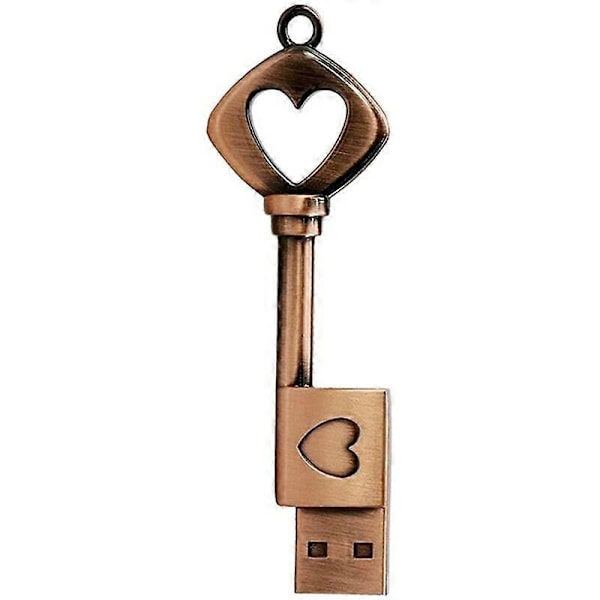 32GB USB Flash Drive, Retro Metal Nøgleform USB Flash Drive Memory Stick USB 2.0 Pen DriveMetal Hjerteformet U Disk, Bronze, En Stykke
