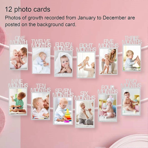 12 Måneders Foto Banner Kort Tillykke Første Fødselsdag Fest Dekoration Forsyninger DIY Rekvisitter Sølv