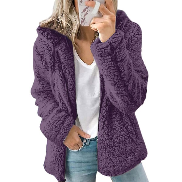 Naisten Nalle Pehmotakki Huppari Pörröinen fleece-hupullinen takki Top Talven lämmin casual ulkovaatteet Purple 3XL