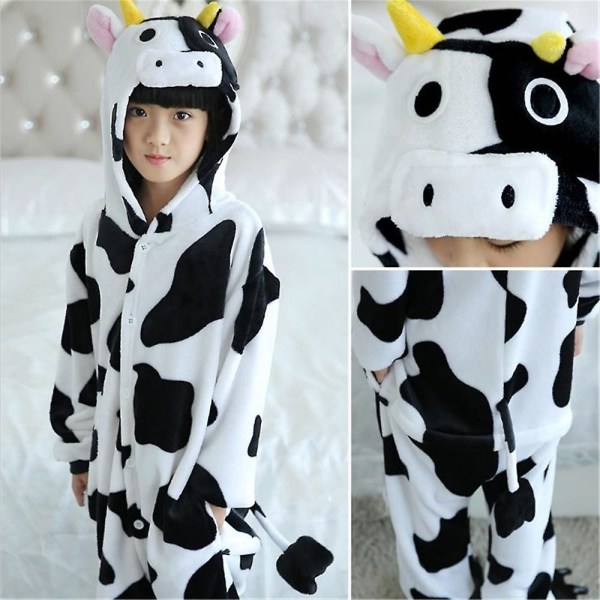 Unisex barn flanell Onesie Pyjamas, Cosplay djurdräkt One Piece Halloween nattkläder Nattkläder för pojkar flickor Cow 4-5Years