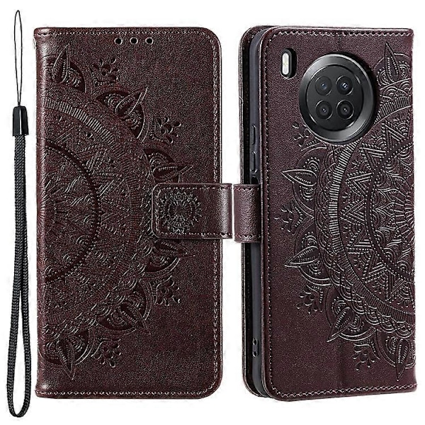 Präglad Mandala Blomma Fullständigt Skydd PU Läder + Mjuk TPU Ställ Plånboksfodral med Rem Kompatibel med Huawei nova 8i Brown