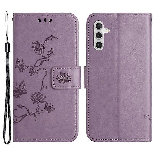 Kompatibelt för Samsung Galaxy A24 Präglat Fjärilsblomma Mobilskal PU Läder Plånboksställ Telefonskydd med Rem Purple
