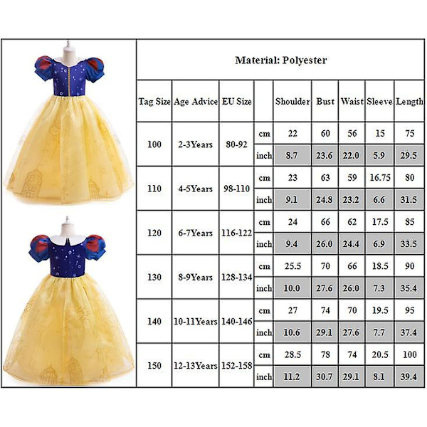 Snövit Princess Cosplay Klänning Barn Flickor Julaftonklänning Blå Gul Elegant A-linje Fancy Dress Xmas Klänningar 2-3Y