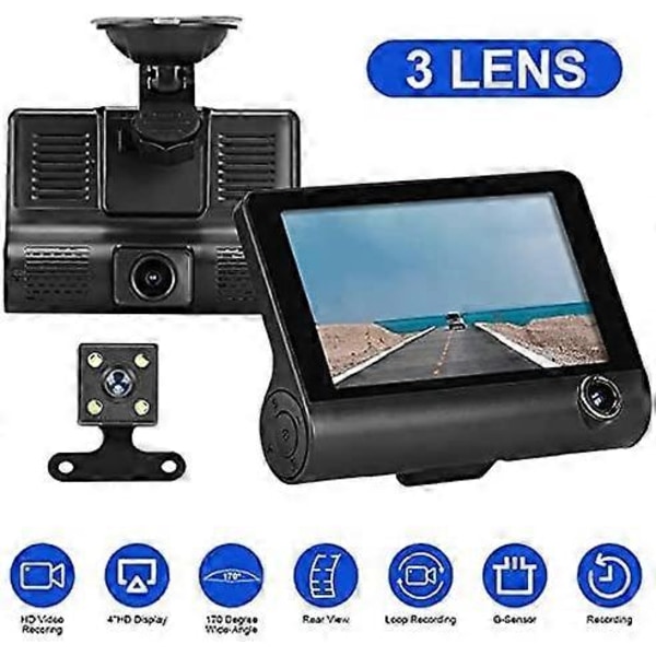 3-kanals Dash Cam 4 tums TFT LCD Bil DVR, Fram Insida Bak Trevägs Mörkerseende HD 1080P Bilkamera, 140 Vidvinkel