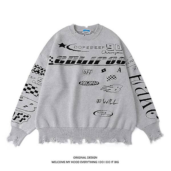 Retro Villa Racing Letters Neule Hiphop Pariskunta Neuleet grey M