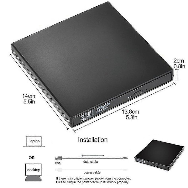 Ekstern CD/DVD-drev, USB 2.0 Slim Bærbar Ekstern CD-RW-drev DVD-RW Brænder Brænderdrev til Bærbar PC Stationær Computer, Sort