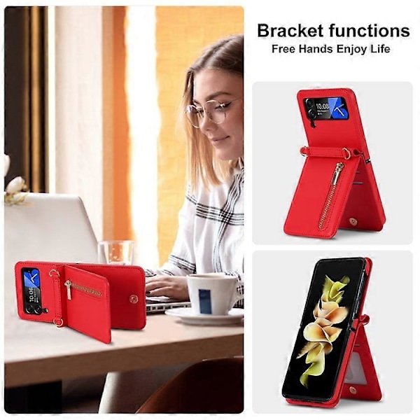 ZD 010 Kompatibelt för Samsung Galaxy Z Flip3 5G Fodral med dragkedja, plånbok och rem, PU-läder PC-telefonskal Red