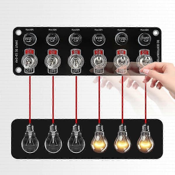 6-vejs vippekontaktpanel 12-24V On-off vippekontaktpanel med 10A sikringer