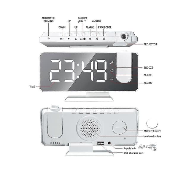 LED Digital Smart Väckarklocka 180° Tidsprojektionsklocka med Snooze Väckningsfunktion Skrivbordsdeko