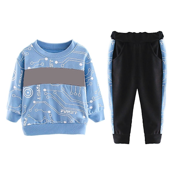 Pullover-sweatshirtsæt til drenge med bogstavprint, blødt, hudvenligt, miljøvenligt 2-delt sæt til hverdagsbrug udendørs, blå, 120 cm/47,2 tommer
