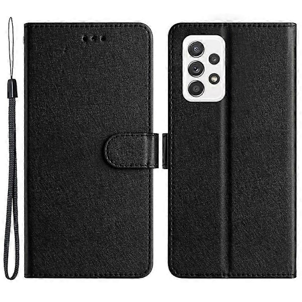 Kompatibelt för Samsung Galaxy A33 5G PU Läder Plånboksfodral med Ställ Silkesstruktur Flipfodral med Handrem Black