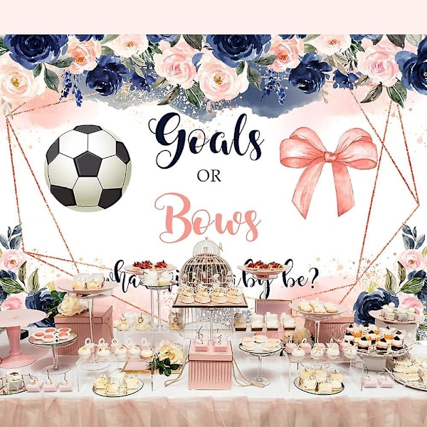 Fotboll Kön Avslöjande Mål Eller Rosetter Baby Shower Bakgrund Blommor Blå Eller Rosa Pojke Eller Flicka Han Eller Hon Blommig Fotboll Avslöjande Bakgrund Party Dekorationer S