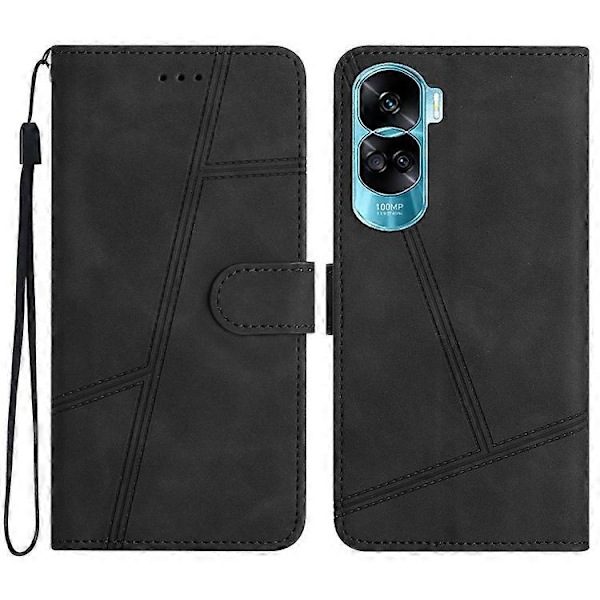 Kompatibel til Oppo A79 5G Linjer Præget Mobiltelefon Etui Foldbart Stativ PU Læder Cover Black
