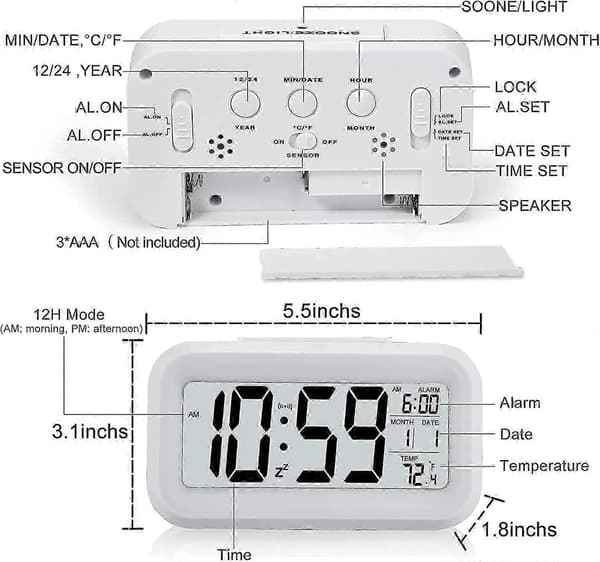 Digital Väckarklocka Morgon, Tyst Batteridriven Stor LED-Display Temperatur Kalender (Vit)