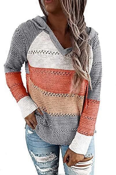 Stribede farveblok hættetrøjer til kvinder, moderigtig V-hals strikket sweater pullovers