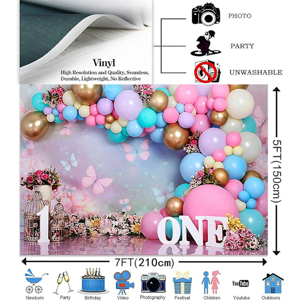 Vaaleanpunainen kulta ilmapallo tyttö ensimmäisen syntymäpäivän taustat Sweet One Wonderland kukat perhonen valokuvaus tausta linnunhäkki prinsessa syntymäpäivä koristelu
