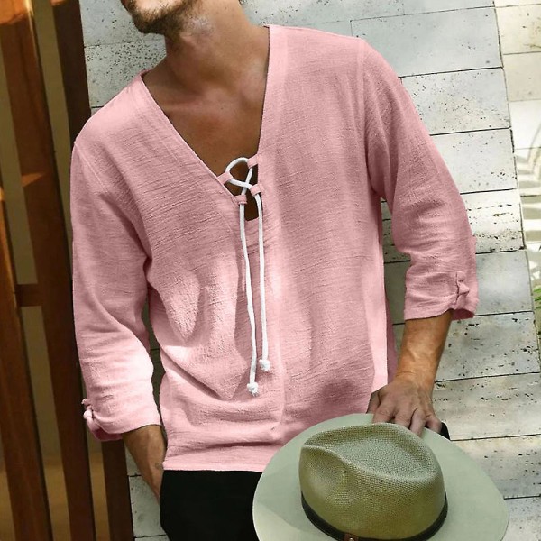 Mens sommar V-ringad spetsskjortor Casual Holiday Solid Shirts T-tröjor Pink 2XL