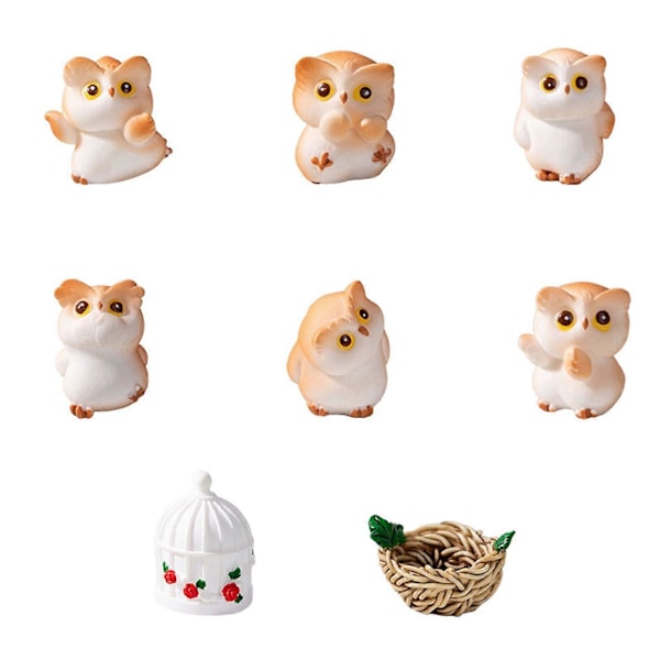 8 st Mini Uggla Staty Harts Hantverk Figurer Söta Skrivbordstillbehör för Miniatyrlandskap Rumsdekor