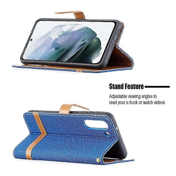 Splitsade Jeans Tyg Yta Läder Telefonfodral Plånboksställ Kompatibelt För Samsung Galaxy S21 FE/S21 Lite DarkBlue
