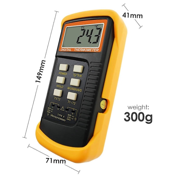 Digital 2-kanals K-type termometer m/ 4 termoelementer (kablet & rustfrit stål), -50~1300C (-58~2372F) Håndholdt desktop højtemperatur Kelvin