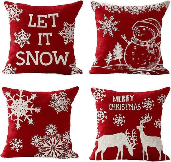 4-pack God Jul Snöflinga Låt Det Snöa Snögubbe Gran Älg Välsignelse Present Kuddfodral 45,7 x 45,7 cm