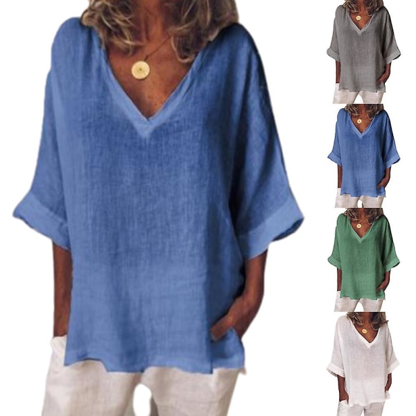Dam Bomull Linne V-ringad T-shirt med halv ärm Sommar Casual Lösa toppar T-shirt blus Blue 2XL