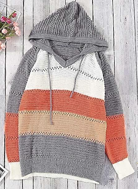 Stribede farveblok hættetrøjer til kvinder, moderigtig V-hals strikket sweater pullovers