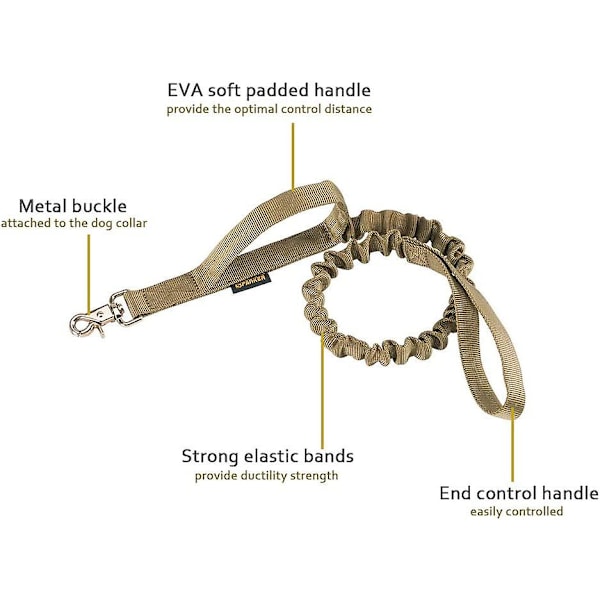 Militær Bungee Hundebånd Elastisk Tau med 2 Polstrede Kontrollhåndtak for Mellomstore og Små Hunder (coyote Brown)