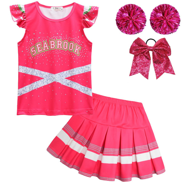 Girs Zombies 3 Addison Kids Cosplay Kostymer Toppar+kjol+handblommor+huvudbonad 4st Kostym Cheer Leader Barn Halloween Outfit 86001  Sets B 150cm