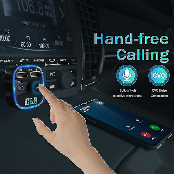 Lencent Bluetooth FM-sändare Bilsadapter Bluetooth-sändare för bilradio, handsfree-kit, 2 USB-portar, stöder SD-kort USB-minnen
