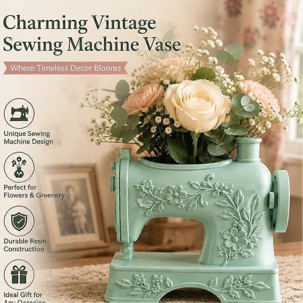 Symaskinvase, rustikk boho vintage preget plastblomst, retro gårdshus skrivebordsdekor, gave til syentusiaster White