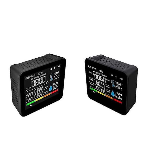 9-i-1 BT Luftkvalitetsmätare Tid/datum Co2 Tvoc Hcho Pm2.5 Pm1.0 Pm10 Temperatur Fuktighetsdetektering