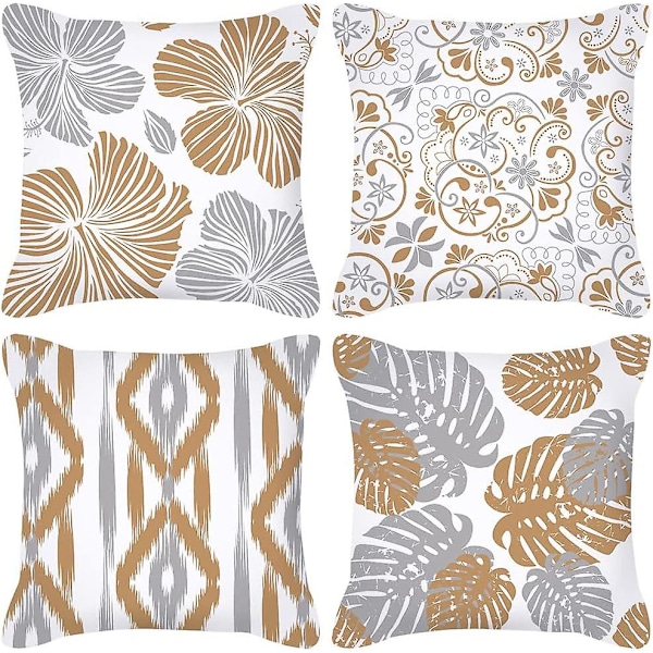 Pakke med 4 Vandtætte Udendørs Indendørs Pyntepudebetræk 18x18 Dekorativ Grå Blomsterblad Boho Pudebetræk Dobbeltsidet Pudebetræk Til Have Pati